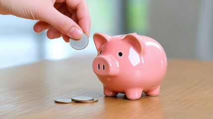 Coin Insertion into Piggy Bank for Savings