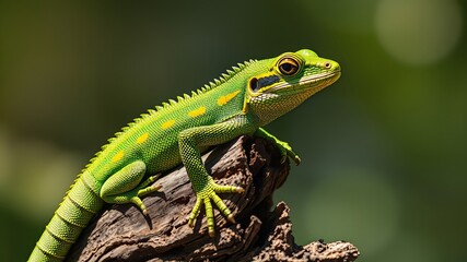 Fototapeta premium A bright green anole lizard perched on a weathered tree trunk, scaly body puffed up, its vibrant yellow