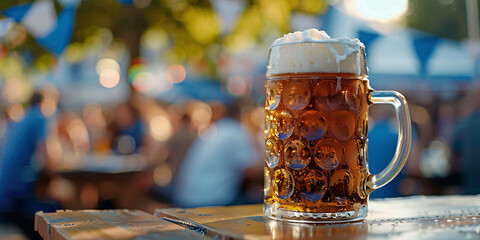 Banner with large beer mug with blue and white Oktoberfest festival flags in background