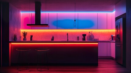 Futuristic Kitchen with Neon Under Cabinet Illumination and Cutting Edge Modern Gear
