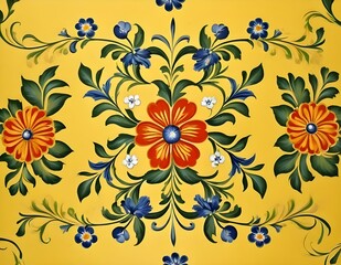 Fototapeta premium Norwegian Scandinavian rosemaling traditional handpainted folk art in bright yellow floral pattern