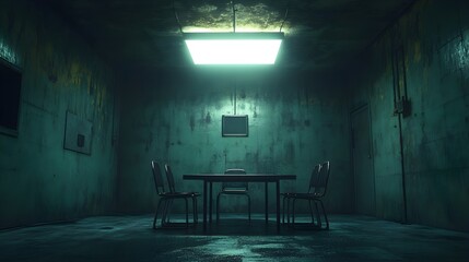 Empty interrogation room, steel table and chairs centered under a flickering fluorescent light, grunge style, dark tones, dramatic shadows, vintage photography effect
