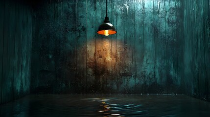 Flickering light bulb in a gloomy interrogation room, water dripping steadily, creating ripples in puddles, the sound of rain outside adds tension to the scene