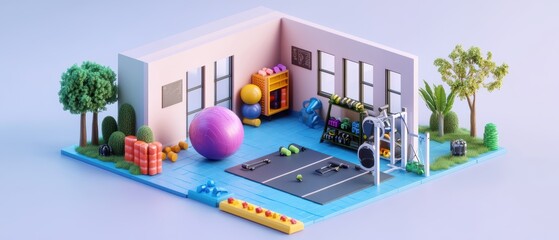 Obraz premium Colorful Fitness Room with Equipment and Decor