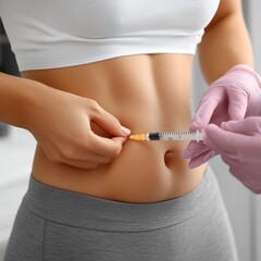 Close-up Of A Young Woman Receiving Injection In Stomach During Cosmetic Treatment Procedure.