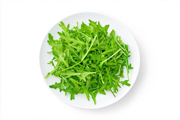 Isolated fresh arugula leaves on white plate, clean minimalist healthy green salad background