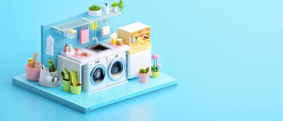 Obraz premium Modern Laundry Room with Fresh Plants and Bright Colors