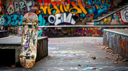 Fototapeta premium Skateboard Leaning Against Graffiti-Covered Wall in Urban Park