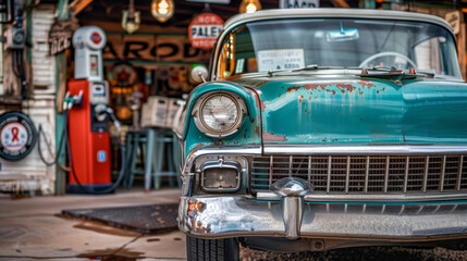 Fototapeta premium Vintage Convertible Parked at Retro Gas Station