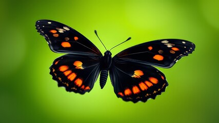 Obraz premium A delicate black butterfly showcases vibrant orange spots on its velvety wings, set against a soft green background,