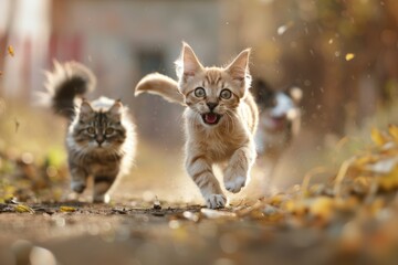 Adorable kittens running towards the camera across a grassy field, capturing their playful and curious nature. Perfect for adding a touch of cuteness to any project.