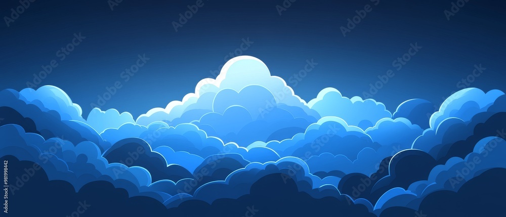 Poster vibrant blue clouds filling the sky at twilight with a soft glow illuminating the horizon and creati