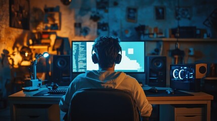 Programmer Wearing Headphones Writing Code on Advanced Desktop Setup
