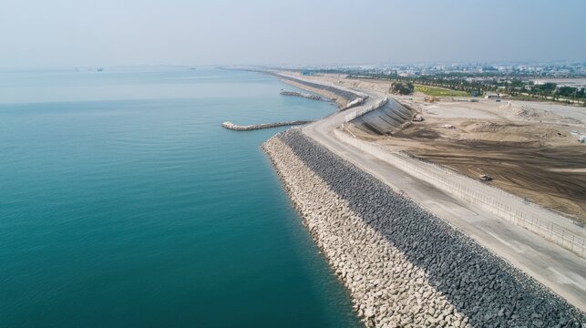 Aerial view of a coastline where massive flood defenses are being constructed, featuring concrete walls and levees stretching along the shore, designed to protect against rising sea levels.