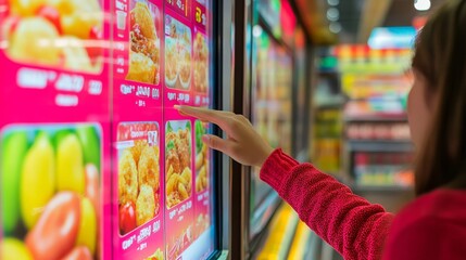 Customer Ordering Food On Digital Menu Screen Kiosk In Modern Fast Food Restaurant, Close Up View.