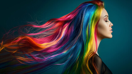 Fototapeta premium A woman with rainbow colored hair is the main focus of the image. The hair is long and flowing, with each strand of hair being a different color