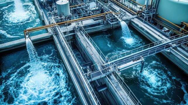An automated reverse osmosis water treatment plant processes contaminated water, using energy-efficient techniques for industrial reuse.