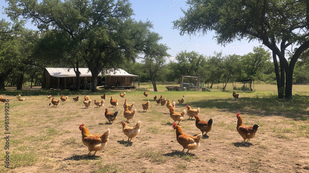 Wall mural free range chickens running in the garden as symbol of healthy food and organic farming