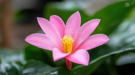 Fototapeta premium Pink Water Lily with Raindrops on Green Leaves