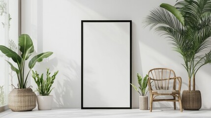 Minimalist Living Room Interior Design with Empty Frame and Wicker Chair