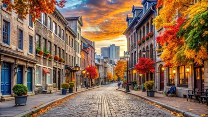 Obraz premium Old Montreal streets in fall, featuring colorful foliage, historic architecture, cobblestone roads