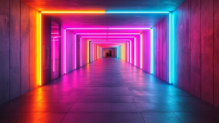 Modern hallway design with glowing neon lights and vibrant color accentd creating a sleek and stylish atmosphere.