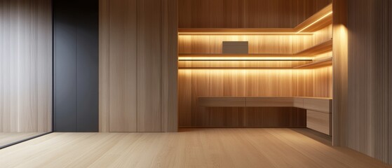 Modern Minimalist Interior with Wood Finish and Lighting