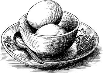 Half Boil Eggs Line Art and Kopitam Cafe Digital Illustration Vector Clipart