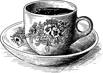 Coffee Line Art and Kopitam Cafe Digital Illustration Vector Clipart