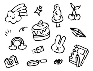 Set of Cute and Playful Hand Drawn Doodle Design Element, Random Childlike Scribble Illustration