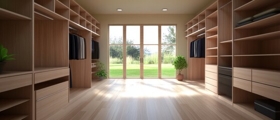 Fototapeta premium Modern Spacious Closet with Natural Light and Greenery