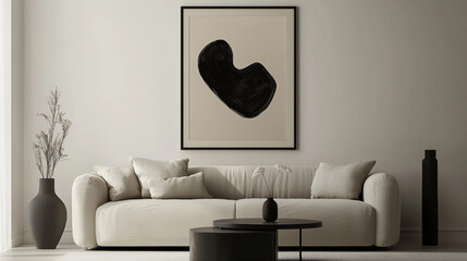 A minimalist living room with a neutral tones sofa, sleek coffee table and decorative vases placed around it. 