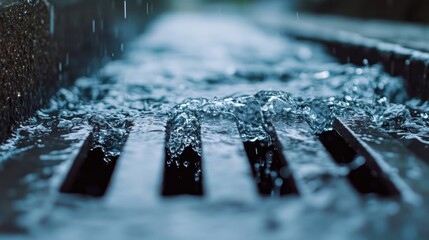 Iron Sewer Grate with Rainwater Flowing Into City Drainage System