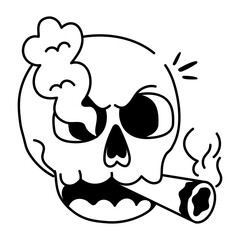 Skull smoking icon in doodle style 