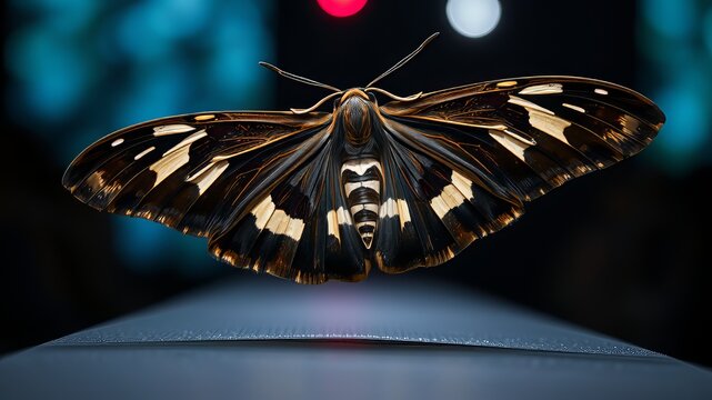A large, dark-colored moth with striking white stripes and elongated forewings lands on a dark surface, its delicate