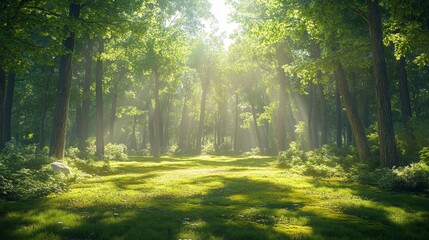 Fototapeta na wymiar Bright sunlight piercing through thick tree canopies, illuminating a perfect circular clearing in the forest, creating long shadows on the mossy ground, 3D Render, Warm tones, Ultra-realistic