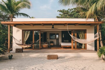 Tropical beach house with hammocks and wooden deck.