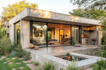 Obraz premium Modern concrete house with large windows and outdoor space.