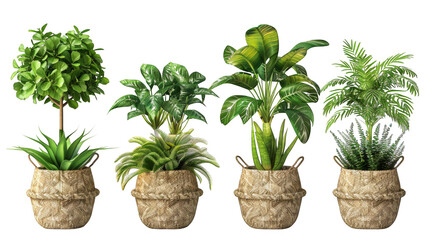 A collection of various potted houseplants, including a palm tree, a leafy plant, and a tropical plant. The plants are all potted in woven baskets and set on a white background.