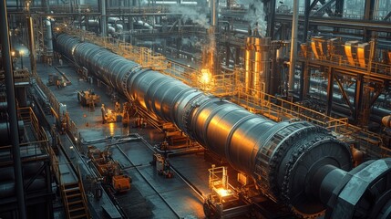 Naklejka premium Welders work on the internal welding of a large fuel pipeline in an industrial zone, ensuring precise connections for safe gas flow. The scene includes towering machinery and heavy-duty equipment.