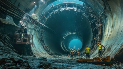 Underwater welding teams reinforce the joints of a modern tunnel as sections are fitted together, surrounded by marine life and advanced underwater construction equipment.