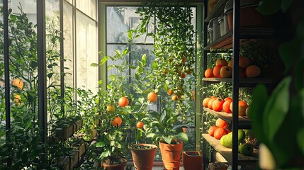 Sunlit Greenhouse with Potted Plants and Ripe Fruit on Shelves
