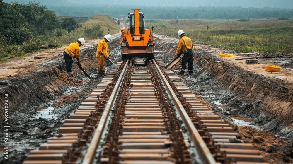 Canvas Prints Workers lay the foundation for a high-speed railway line, using precision machinery to ensure smooth alignment of the tracks. The scene is set in a vast open landscape.