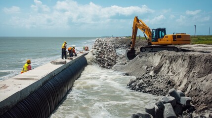 Workers install large floodgates at the mouth of a river leading into the ocean, part of a coastal defense project designed to prevent flooding during heavy storms and high tides.