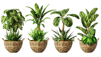 Fototapeta premium Four different potted plants with green leaves are shown against a white background. They are all in woven baskets.