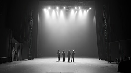 Four Silhouettes Facing a Bright Stage with Spotlights