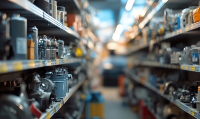 Blurred Shelves with Car Parts and Hardware in Auto Store Background