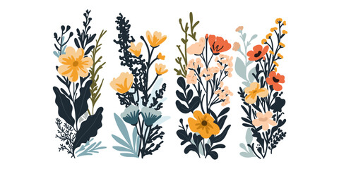 Set of beautiful flower bushes on a white background