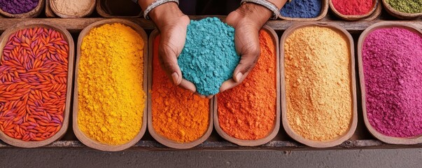A street vendor selling colorful rangoli powders and stencils for Diwali, vendor, rangoli powders, stencils