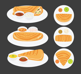 Set of masala dosa food collection, breakfast South Indian Food Dosa with Sambar and chutney on plate, Indian cuisine restaurant menu, isolated on black background, vector illustration.